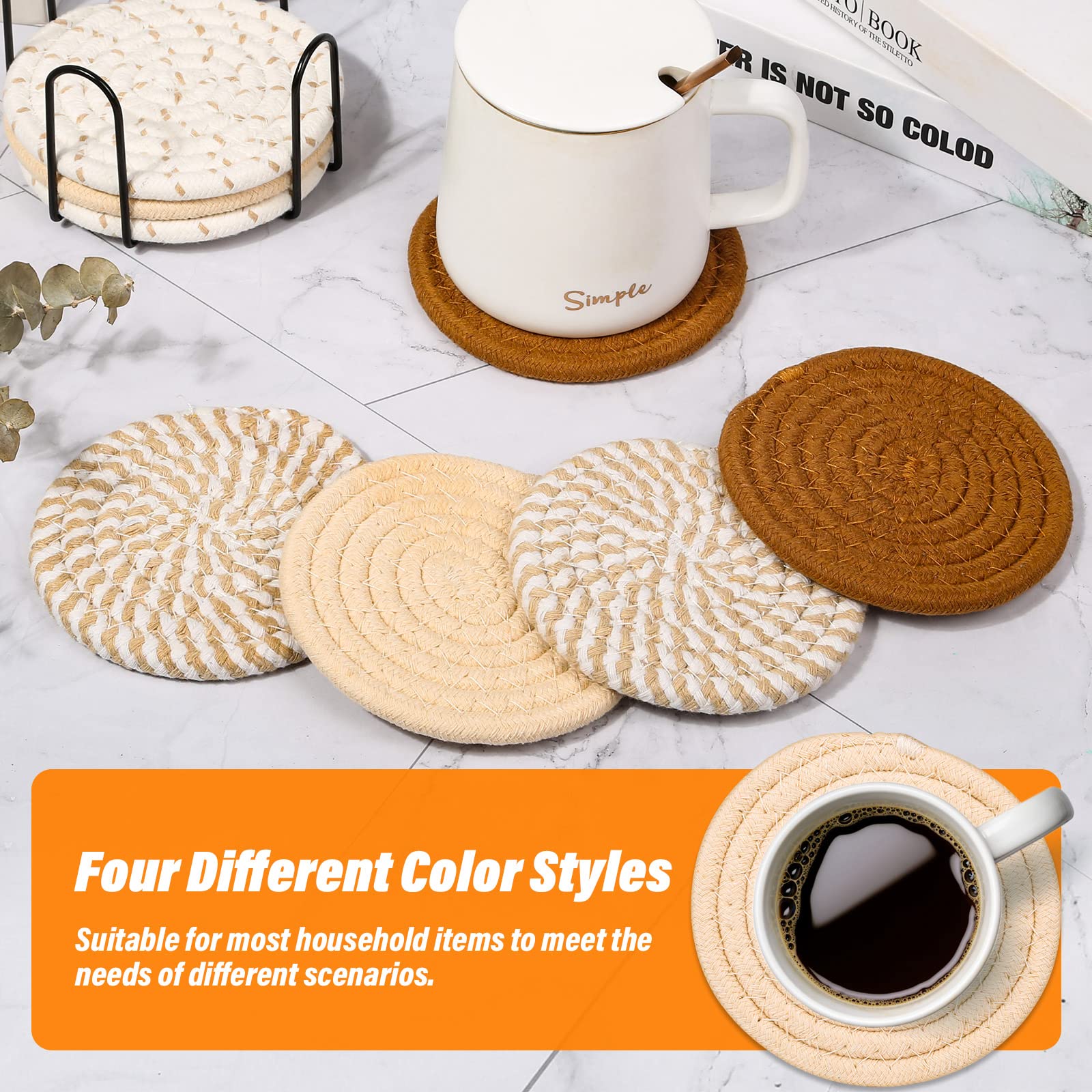 Mckanti Drink Coasters Set of 8, 4 Colors Absorbent Coasters for Drinks, Minimalist Cotton Woven Coaster for Living Room Decor, Tabletop Protection Suitable for Kinds of Cups, 4.3 Inches