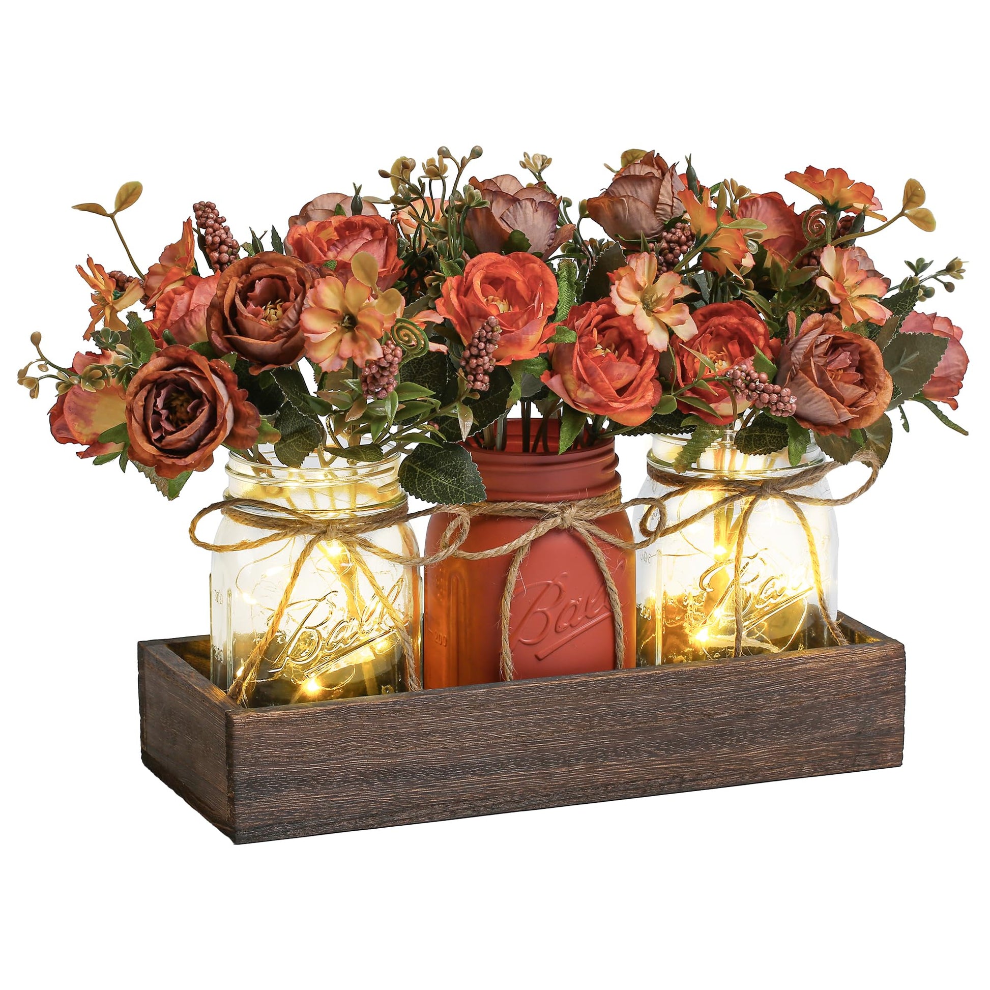 DUOER 3 Pcs Mason Jar Centerpiece Table Decorations for Dining Table Decor Farmhouse Coffee Table Decor with Wood Tray and Led Light Table Centerpieces for Dining room Kitchen Living Bathroom,White