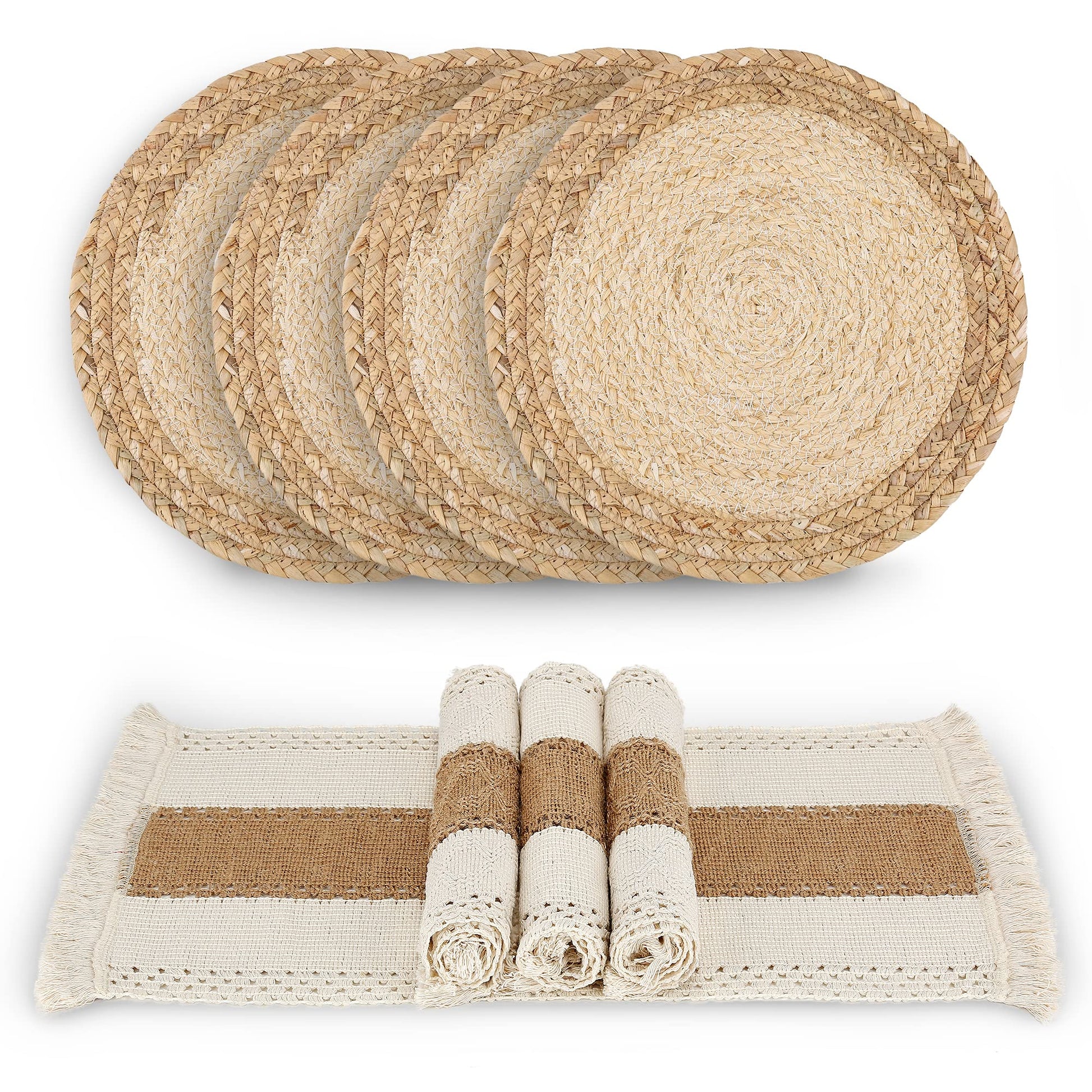 Zology Handmade Boho Placemats Set of 6 - Natural Cotton Burlap and Water Straw Woven Combination Table Mats, Macrame Décor and Farmhouse Style Placemats, for Dining Table Kitchen