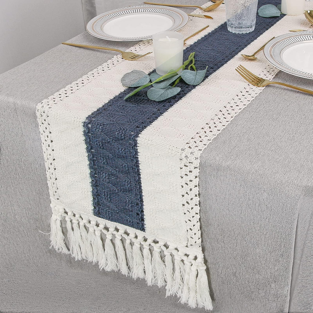 FEXIA Boho Table Runner for Summer Home Decor with Tassels 72 Inches Long Farmhouse Rustic Table Runner Macrame Burlap Table Decoration for Living Room Bridal Shower(12x72 Inches)