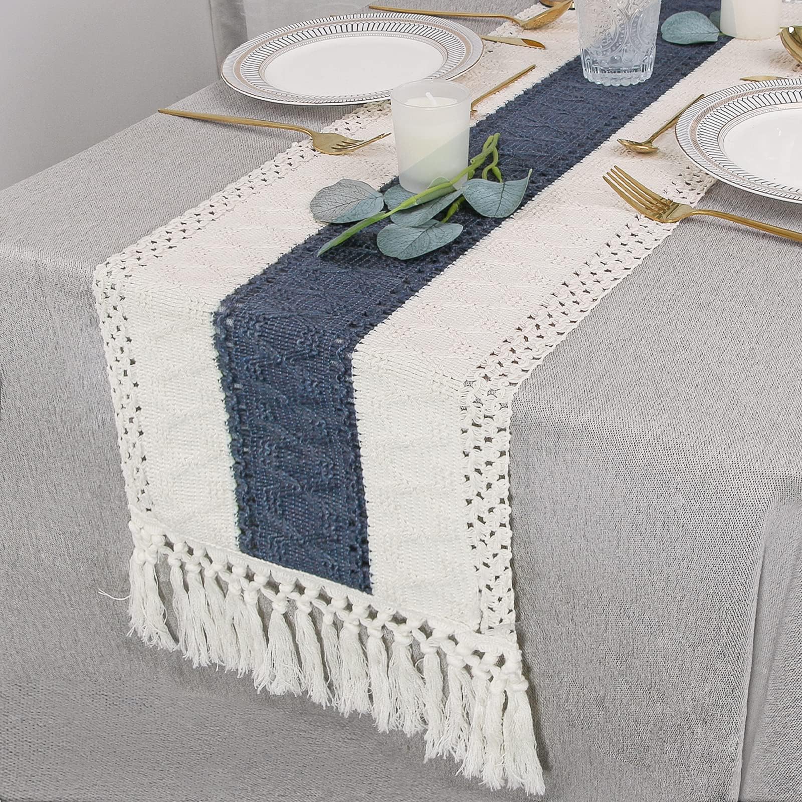 FEXIA Boho Table Runner for Summer Home Decor with Tassels 72 Inches Long Farmhouse Rustic Table Runner Macrame Burlap Table Decoration for Living Room Bridal Shower(12x72 Inches)